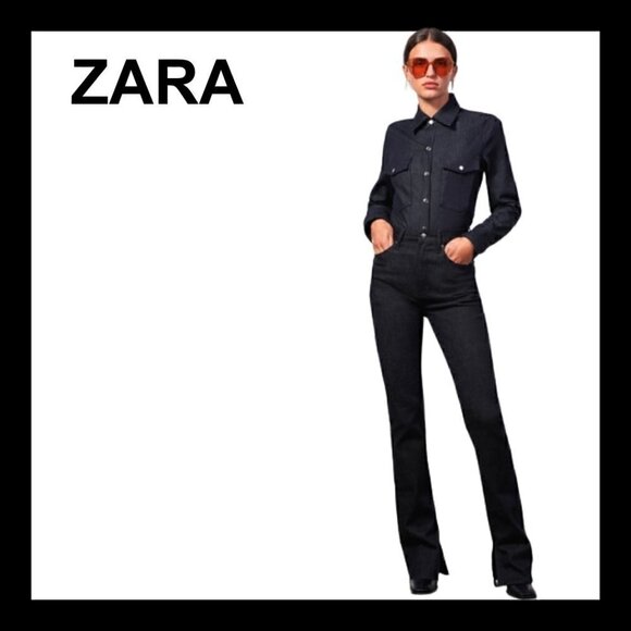 NWOT ZARA The olivia dark wash high waist slits raw hems straight leg je… - Picture 1 of 14